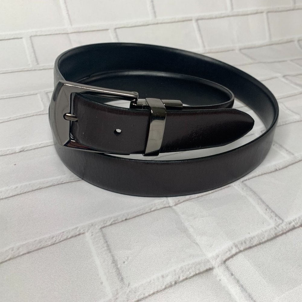 Mens Leather Reversible Belt Designer Perry Ellis Black/Brown Metal B… Sz 36